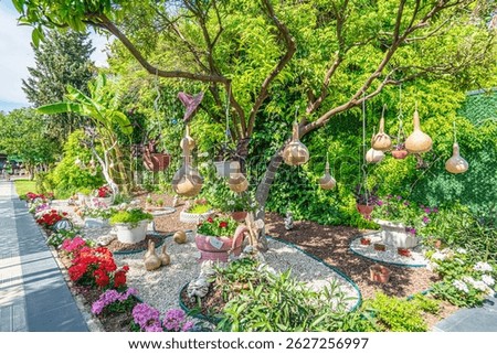 Beautiful park and garden decoration with dried water pumpkins 