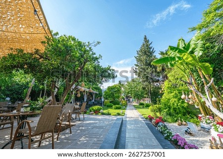 Beautiful park and garden decoration with dried water pumpkins 