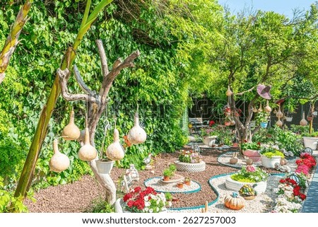 Beautiful park and garden decoration with dried water pumpkins 