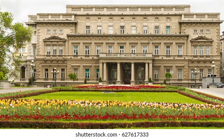 Beautiful Park With Many Tulips In Front Of City Assembly. Belgrade, Serbia