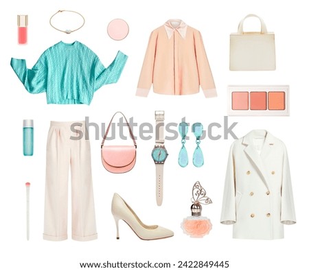 Beautiful pastel colors female clothing set isolated on white. Women's apparel.Trendy outfit. Fancy lady's garment and accessories.