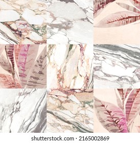 Beautiful patchwork pattern. Mixed of white marbles with veins and pink giant tropical leaves.