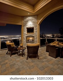 Beautiful Patio With View At Night Outside Luxury Home