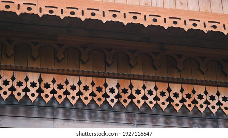 Beautiful patterns on wooden house. Stock footage. Architecture of wooden house with patterns of Old Russian architecture. Carvings and patterns on wooden house
