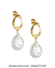 Beautiful Pearl Earrings dangling on white background