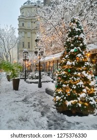 A Beautiful Pedestrian Street In Downtown Of Belgrade In Winter Time, A Lot Of Snow And No People. New Year's Decorations And Christmas Tree On The Snow Covered Street. Christmas In Belgrade, Serbia.