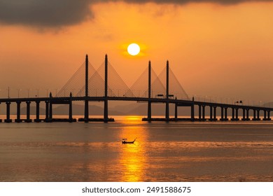 Beautiful Penang Bridge sunrise with boat view - Powered by Shutterstock