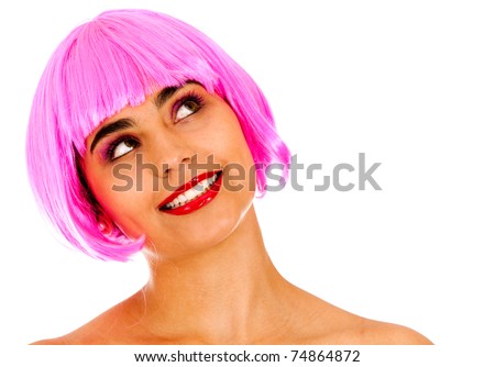 Similar – Image, Stock Photo woman with pink wig smiling happily on pink background