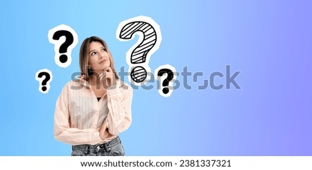 Beautiful pensive young woman with hand to chin, looking up at doodle question marks, copy space empty gradient background. Concept of idea, solution and creativity