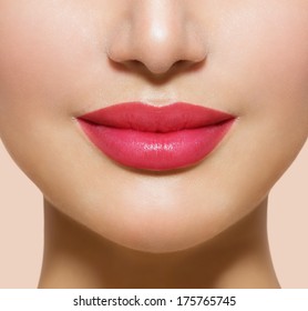 Beautiful Perfect Lips. Sexy Mouth Close Up. Beauty Young Woman Smile. Natural Plump Full  Lip. Lips Augmentation. Close Up Detail.