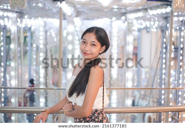 Beautiful Petite Asian Woman Posing By Stock Photo 2161377185 ...