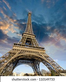 Beautiful Photo Of The Eiffel Tower In Paris With Gorgeous Sky Colors And Wide Angle Perspective, France