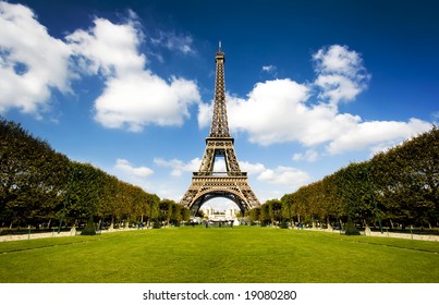 Beautiful Photo Of The Eiffel Tower In Paris With Gorgeous Colors And Wide Angle Central Perspective.