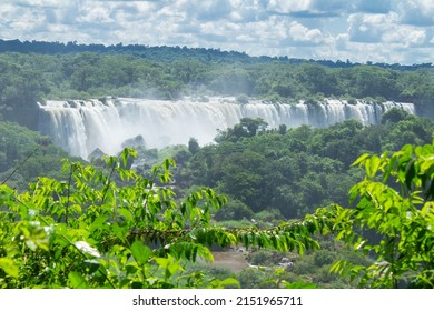 Beautiful Photo Of The Iguaçu Falls, In A Region Of Dense Forest, On A Sunny Day With Blue Sky