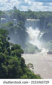 Beautiful Photo Of The Iguaçu Falls, In A Region Of Dense Forest, On A Sunny Day With Blue Sky