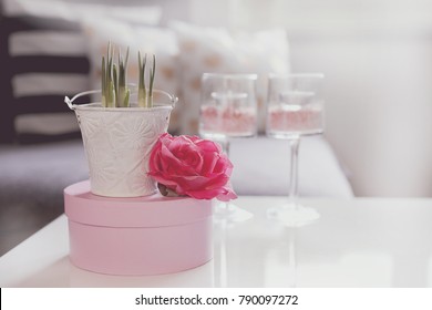 Beautiful Photo Of Spring Centerpiece With   Pink Rose And  Daffodil Flowers On White Table