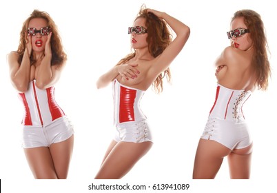 Beautiful Photomodel Wearing Medical Fetish Corset And Shorts On White Background