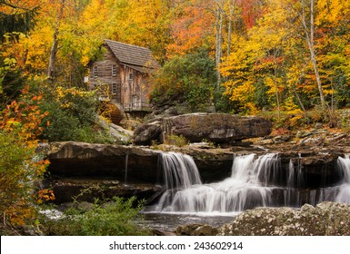 The beautiful and picturesque Glade Creek Grist Mill amidst the amazing colors of autumn at Babcock State Park in West Virginia.