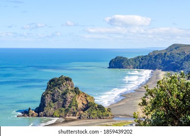 Beautiful Piha Nature And Surf Beach With The Famous Lion Rock, New Zealand 