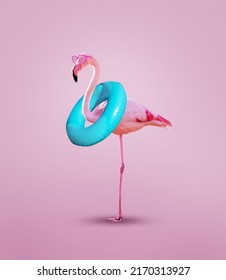 Beautiful ping flamingo with inflatable buoy wear pink glasses - concept mixed media image