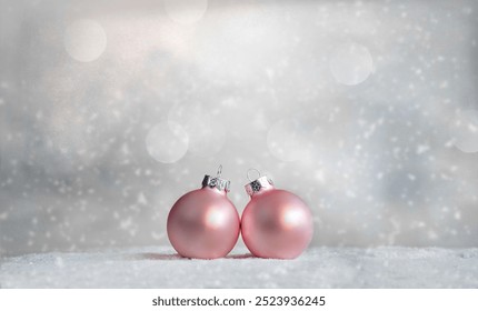 Beautiful pink Christmas balls, snowflakes on snow and winter background. - Powered by Shutterstock