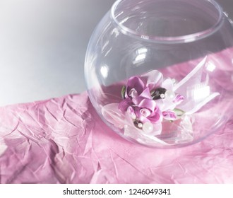 Beautiful pink flower bouquet decoration for home in water glass, background, space for text.