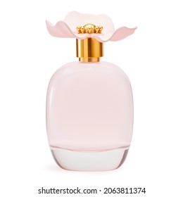 Beautiful Pink And Gold Bottle Of Perfume. Women's Eau De Parfum. Floral Perfume Spray Bottle Isolated On White. Fruity Fragrance For Women. Modern Luxury Lady Parfum De Toilette