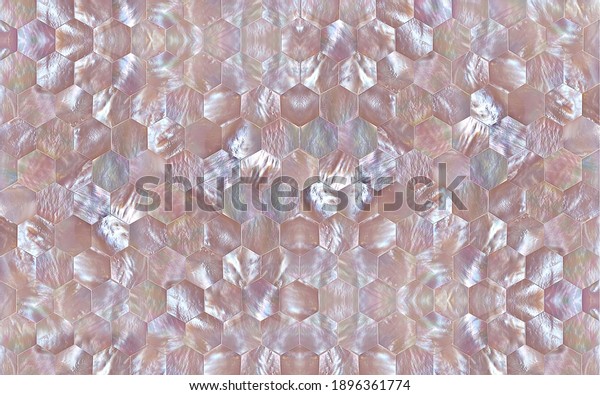 Beautiful Pink nacre mother of pearl in mosaic hexagon pattern mural wallpaper. 