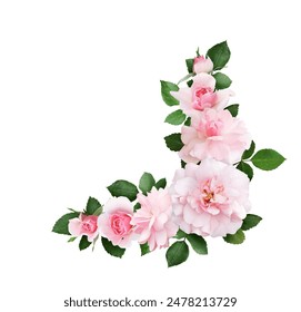 Beautiful pink rose flowers and leaves in a floral corner arrangement isolated on white background - Powered by Shutterstock