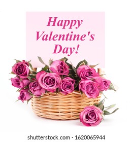 Beautiful Pink Roses In A Wicker Basket On A White Background. Isolate Concept Valentine's Day, Mother's Day. Holiday Gift.