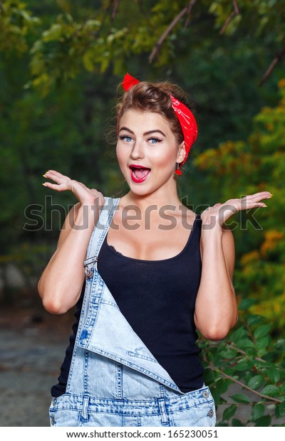 Beautiful Pinup Girl Denim Overalls Red Stock Photo Edit Now