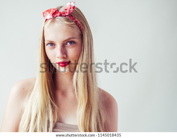 Beautiful Pinup Woman Long Blonde Hair Stock Photo Edit Now