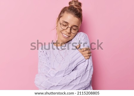 Image, Stock Photo beautiful caucasian woman taking a selfie with her dog at sunset in countryside. Using mobile phone. Technology and lifestyle outdoors