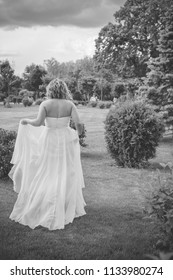 Beautiful Plus Size Bride At Park In Her Wedding. Wedding Concept