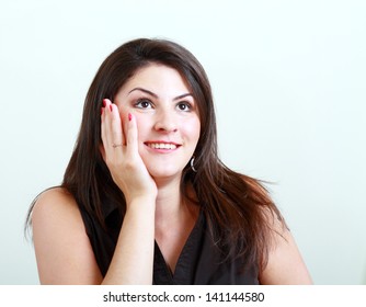 Beautiful Plus Size Model Surprised And Press Her Hands To Face With Charming Smile