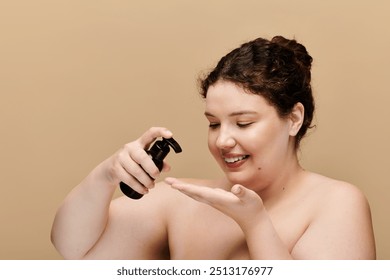 A beautiful plus size woman joyfully applies lotion to her hand, embracing self care at home. - Powered by Shutterstock