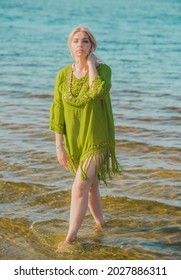 Beautiful Plus Size Woman In Khaki Linen Dress Rest At Nature, Concept Of Woman's Fashion. Lady Xl Size Having Fun On A Beach