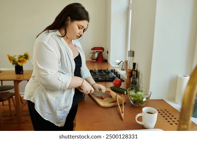 A beautiful plus size woman skillfully chops vegetables in a warm, inviting kitchen. - Powered by Shutterstock