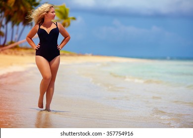 Beautiful Plus Size Woman Walking On Summer Beach