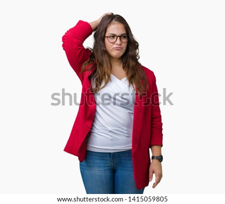 Beautiful plus size young business woman wearing elegant jacket and glasses over isolated background confuse and wonder about question. Uncertain with doubt, thinking with hand on head. Pensive 