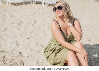 Beautiful Plus Size Young Woman On A Sand Rest At Nature Near River, Concept Of Woman's Life. Lady Xl Size Having Fun On A Beach