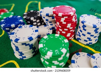 Beautiful Poker Picture From Above On A Green Spacious New Poker Table. Poker Game Concept. Poker Chips