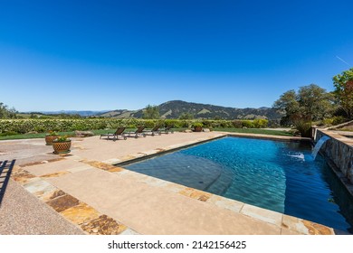 Beautiful Pool, Waterfall, Water Slide, and Pool Deck with a View of 75 Acre, Sonoma Wine Country Estate, Horse Property