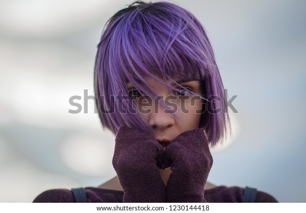 Beautiful Portrait Girl Bright Purple Hair Stock Photo Edit Now