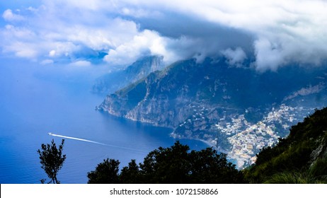 Beautiful Positano Coastline Morning Trek, City, Mountains & Clouds, Amalfi Coast, Italy.