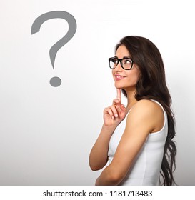 Beautiful Positive Business Woman Profile View With Folded Arms In Glasses Thinking And Looking Up On Creative Question Mark On White Background