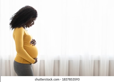 Beautiful pregnant black woman hugging her tummy, enjoying her pregnancy, free space. Side view of african american expecting lady standing next to window at home, touching her big belly