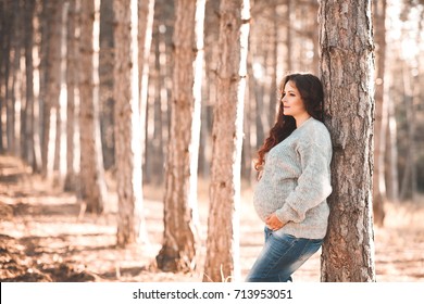 Beautiful Pregnant Woman 30-35 Year Old Wearing Cozy Sweater Outdoors. Looking Forward. Autumn Season.