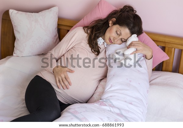 Beautiful Pregnant Woman Sleeping Comfortable Tummy Stock Photo