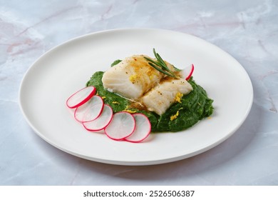 A beautiful presentation of a fish fillet garnished with herbs lies atop a smooth spinach puree, complemented by thin slices of radish for a touch of freshness and color, making it an enticing dish. - Powered by Shutterstock